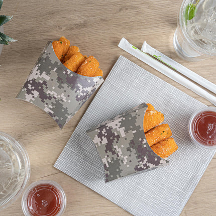 Bio Tek 4.5 x 3.2 x 3.9 Inch French Fry Cup, 100 Disposable Snack Cups - Stackable, Sustainable, Camouflage Paper 3 Ounce Fry Holder, for Fries, Onion Rings, Popcorn, or Cookies - Restaurantware