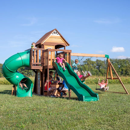 Backyard Discovery Cedar Cove Swing Set | 3m Slide, Tube Slide & Rock Wall