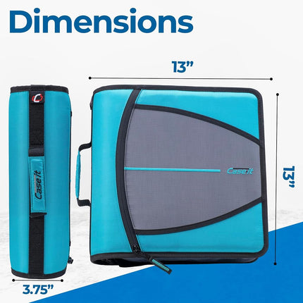 Case-it The Mighty Zip Tab Zipper Binder - 3 Inch O-Rings - 5 Color Tab Expanding File Folder - Multiple Pockets - 600 Sheet Capacity - Comes with Shoulder Strap - Aqua Marine D-146