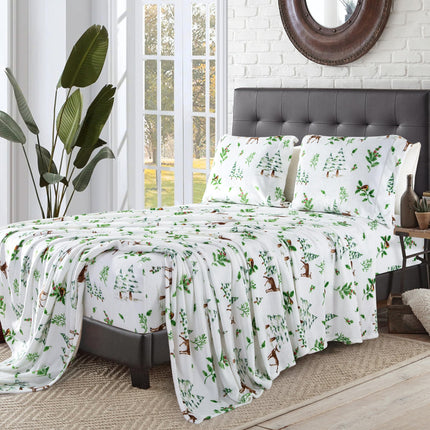 Elegant Comfort Luxuriously Soft 4-Piece Holiday Velvet Plush Flannel Sheet Set - Premium Quality - Cozy Warm, Christmas Fuzzy Velvet Flannel Fleece Deep Pocket Sheet Set - Twin XL, Enchanted Woods