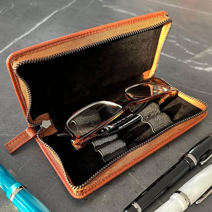 DiLoro Leather Zippered Triple or Quad Pen Case Pencil Pouch Holder for Three or Four Fountain Ballpoint Rollerball Pens or Glasses (Nappa Bugatti)