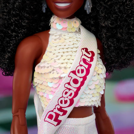 Barbie The Movie President Collectible Doll, Issa Rae as President Wearing Shimmery White Blouse & Short Set, With Dark Curly Hair & President Sash, JBJ55