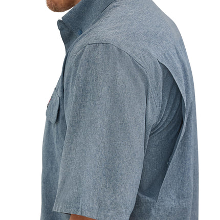 Camisa de trabajo Wrangler de hombre de manga corta con botones y ventilación, color azul noche jaspeado, talla M