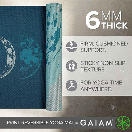 Gaiam Yoga Mat Premium Print Reversible Extra Thick Non-Slip Mat for All Types of Yoga, Pilates and Floor Exercise, Moon Wave 6mm
