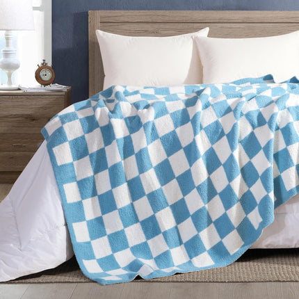 Elegant Comfort Checkered Throw Blanket, Aqua Super Soft Cozy Fluffy Warm Throw Blankets for Couch, Sofa, Chair, Bed, Camping, Picnic, Travel Lightweight Bed Blanket (50" x 70")