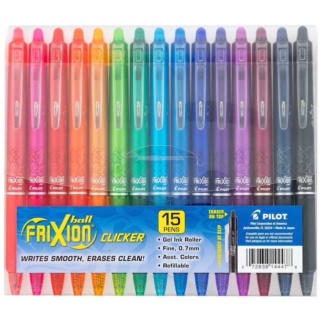 Pilot FriXion Clicker Erasable, Refillable & Retractable Gel Ink Pens, Fine Point, Assorted Color Inks, 15-Pack Pouch (14447)