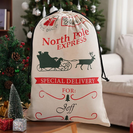 JOYIN 1PCS Christmas Drawstring Gift Bag Santa Burlap Sack 26" x 19" Cloth Pouch for Xmas Presents Package, Event Party Supplies, Christmas Party Favors, Green&White