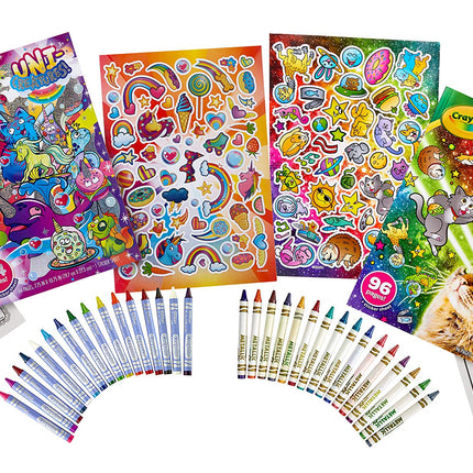 Cahier de coloriage Crayola Uni-Creatures et Cosmic Cats - Lot de 2 (96 pages), planche d'autocollants animaux, crayons métalliques et crayons pailletés