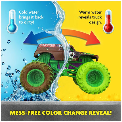 Monster Jam Mud Blasters, pack de 2 camiones que cambian de color de Grave Digger y Megalodon, vehículo de metal fundido a presión a escala 1:64, juguetes para niños y niñas de 3 años en adelante