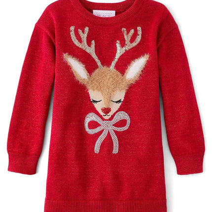Robe pull à manches longues pour bébés et tout-petits filles The Children's Place, motif renne rouge classique, taille 4T