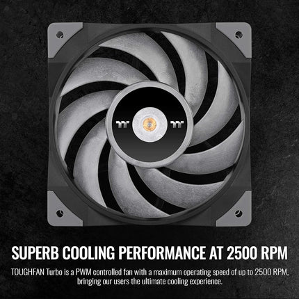 Thermaltake ToughFan 12 Turbo, PWM Controlled PWM 500~2500rpm, Metal-Reinforced Motor Hub, Gen.2 Hydraulic Bearing 120mm Case/Radiator Fan (Single Pack) CL-F121-PL12GM-A , Black