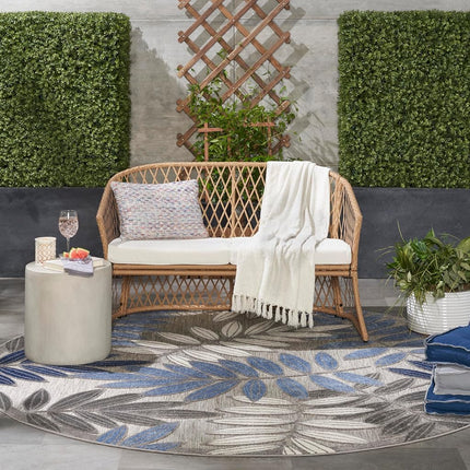 Nourison Aloha Indoor/Outdoor Grey/Blue 7’10” x Round Area Rug, Easy Cleaning, Non Shedding, Bed Room, Living Room, Dining Room, Backyard, Deck, Patio (8 Round)