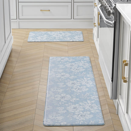 Laura Ashley - Tapis de cuisine anti-fatigue, motif floral iris, résistant aux taches, à l'eau et à la décoloration, soulage la cuisine et la station debout, dos antidérapant, ensemble de 2 pièces : 44,5 cm x 152,4 cm / 44,5 cm x 71,1 cm, iris bleu clair