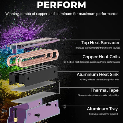 SABRENT SSD M.2 NVMe Gaming Heatsink with built-in screw, Aluminum m2 heatsink with thermal Silicone cooling Pads, NGFF SATA Heat Pipe Cooler fits PC, desktop computer, DIY computer builder, PS5