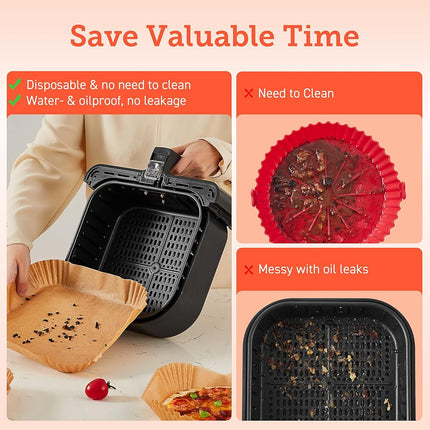 COSORI Air Fryer Liners, 100 PCS Square Disposable Paper Liners, Non-Stick Silicone Oil Coating, Little to No Cleaning, 7.9" Unbleached Food Grade, Resistant to 465�F, Thickened Not Easy to Break