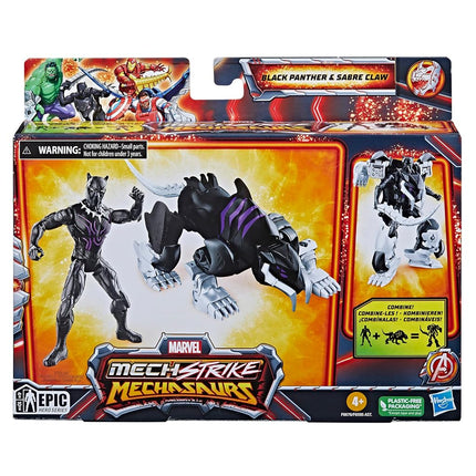 Marvel Mech Strike Mechasaurs, 4-Inch Black Panther with Sabre Claw Mechasaur Action Figures, Super Hero Toys for Kids Ages 4 and Up