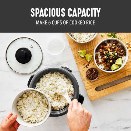 GreenLife Electric Rice Cooker, 3-Cups Uncooked/6-Cups Cooked, Removable PFAS-Free Nonstick Pot, One-Switch Design, Auto Keep Warm, Small Space Saving, Rice Paddle, Soup, Grains, Oatmeal, 1.5 QT