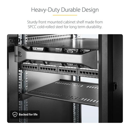 StarTech.com 1U Server Rack Shelf - Universal Vented Rack Mount Cantilever Tray for 19" Network Equipment Rack & Cabinet - Heavy Duty Steel - Weight Capacity 44lb/20kg - 7" Deep Shelf (CABSHELF1U7V)