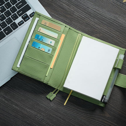 Ox Knight Leather A6 Notebook Cover - Deluxe Planner Cover Fits Hobonichi Techo, Stalogy, Midori MD Planner, and More - with Pen Loop, Card Slots, Back Pocket, and Bookmarks (Green), 5.12Wx6.61L