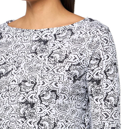 Gloria Vanderbilt Womens Alanis Boat Neck Knit Tee Shirt with Elbow Sleeves Standard, Vintage White/Black - Polynesian Nights, M