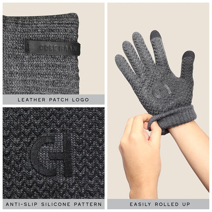 Cole Haan Knit Grey Winter Gloves for Men, Size Small/Medium, Lightweight Warm Gloves with Touchscreen Thumb and Index Finger, Anti-Slip Grip, and Packable Design