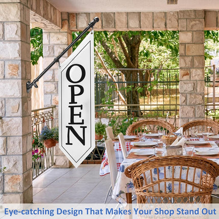 OPEN Flag with Pole Kit - Heavy Duty Canvas Open Banner for Business Storefront, 42x12 Inch Outdoor Double-Sided Sign with Bracket - Advertising Signage for Retail & Shops (White)
