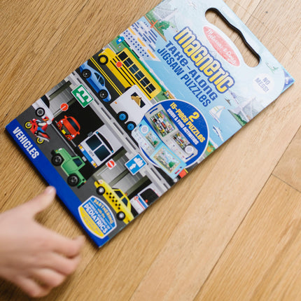 Melissa & Doug Take-Along Magnetic Jigsaw Puzzles Travel Toy – Vehicles (2 15-Piece Puzzles)