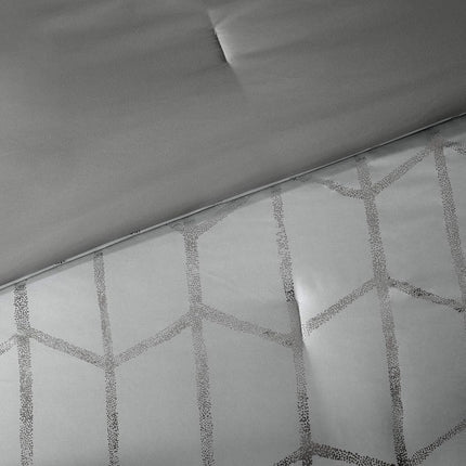 Intelligent Design Raina King/Cal King Comforter Set, Soft Microfiber Comforter Set King, Modern Geometric Metallic Bed Set, 5 Pieces College Bedding Comforter Set with 2 Shams, 2 Toss Pillows Grey