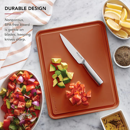 KitchenAid Classic Plastic Cutting Board with Perimeter Trench and Non Slip Edges, Dishwasher Safe, 11 x 14 inch, Scorched Orange