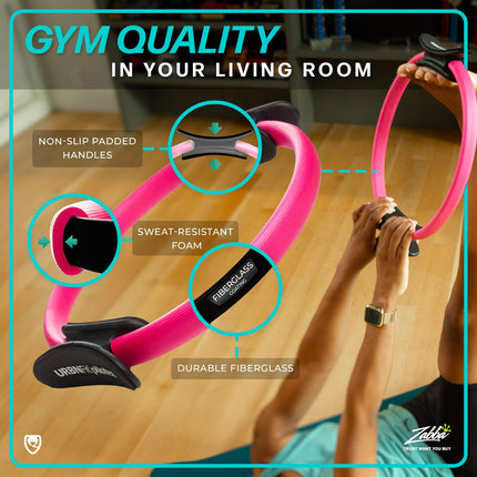 Anillo de pilates URBNFit - Círculo de fitness, ejercitador de suelo pélvico y tonificador de muslos con agarre doble antideslizante, almohadillas de espuma y guía de entrenamiento adicional - Rosa