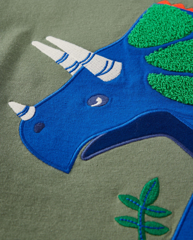 Gymboree Boys and Toddler Embroidered Graphic Long Sleeve Layered T-Shirts, Olive Triceratops, 18-24 Months