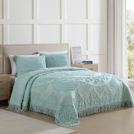 Beatrice Home Fashions Standard Sham, Blue, Lotus Medallion 100% Cotton Chenille, Soft, Cozy, Lightweight, Fringe