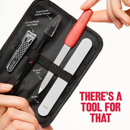 Revlon Nail Care Set with Travel Case, Dual Ended Cuticle Trimmer, Curved Blade Nail Clipper, Compact Emery Nail File and Buffer, Red, 1 Count