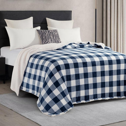 Elegant Comfort Ultra Soft Reversible Buffalo Plaid Flannel Sherpa Blanket - Cozy Silky Checkered Fleece Throw for Couch, Bed - Plush Fuzzy Warm Winter Blanket for Gift, Twin XL, Navy
