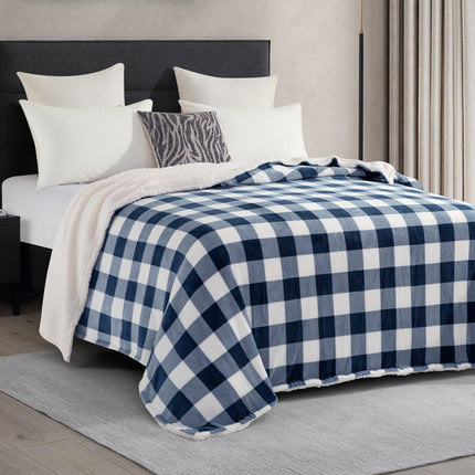 Elegant Comfort Ultra Soft Reversible Buffalo Plaid Flannel Sherpa Blanket - Cozy Silky Checkered Fleece Throw for Couch, Bed - Plush Fuzzy Warm Winter Blanket for Gift, Twin XL, Navy