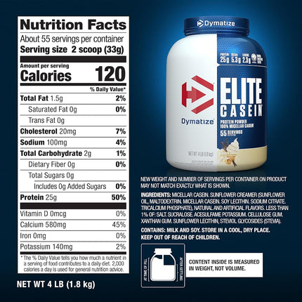 Dymatize Elite Casein Slow Release Protein Smooth Vanilla, 4lb, 1.81kg