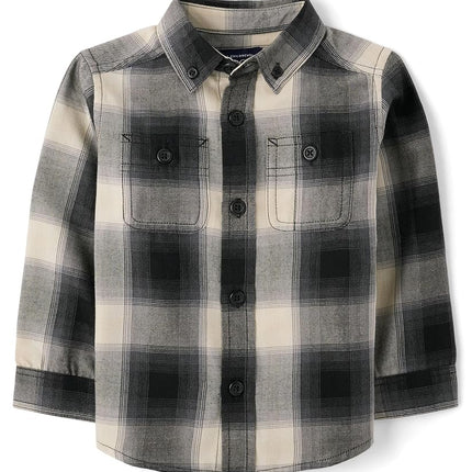 The Children's Place Boys' and Toddler Long Sleeve Button Down Shirt, Black Buff, 3T