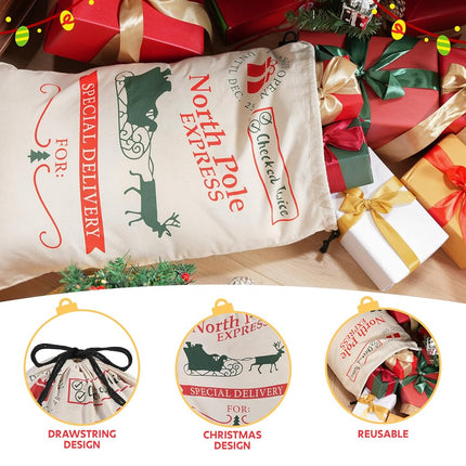 JOYIN 1PCS Christmas Drawstring Gift Bag Santa Burlap Sack 26" x 19" Cloth Pouch for Xmas Presents Package, Event Party Supplies, Christmas Party Favors, Green&White