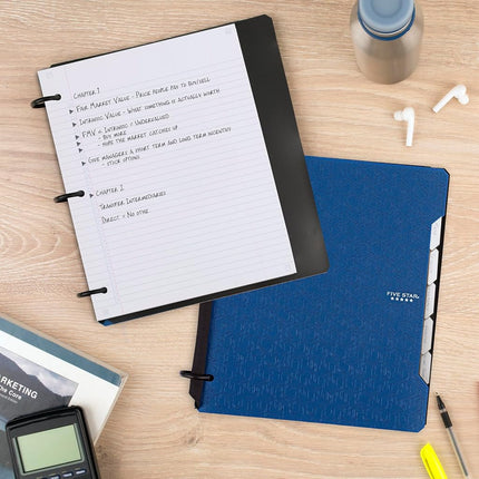 Classeur souple rechargeable 3 anneaux Five Star Flex + application d'étude, papier ligné, anneaux TechLock de 2,5 cm, poches, onglets et séparateurs, capacité de 200 feuilles, bleu (29328AD2)
