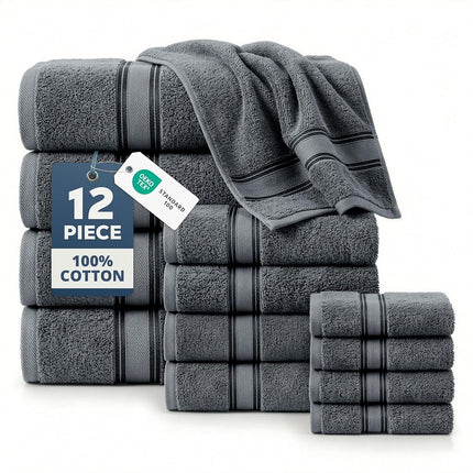 Luxury Bath Towels Set - 12 Piece Set, 100% Cotton