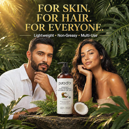 Pura D'or Organic Fractionated Coconut Oil (16oz / 473ml) USDA Certified 100% Pure & Natural MCT Oil Sustainably Sourced Hexane Free Moisturizing Carrier Oil For Face, Skin & Hair (Packaging may vary)