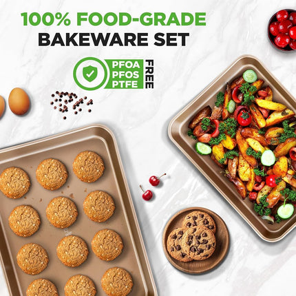 NutriChef 2-Piece Premium Nonstick Cookie Sheets for Baking - Slick Carbon Steel Baking Sheet Set w/ Raised Edges for Roasting, Baking, & More - 15" x 11" & 13" x 9" - PTFE, PFOA, PFOS Free