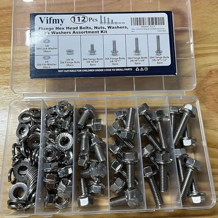 Vifmy 3/8-16 x 3/4", 1", 1-1/4", 1-1/2" Flange Hex Head Bolts Assortment Kit (112 Pack) with Serrated Flange Nuts, Washers & Lock Spring Washers, Hex Head Screw, Stainless Steel Full Thread