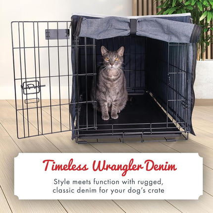 Wrangler Denim Dog Crate Cover – Durable, Breathable & Stylish Dog Kennel Cover with Rollable Panels & Front Pocket for Accesories - Machine Washable Crate Covers for Dog Cages (XXL)