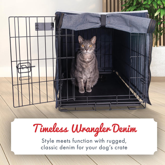 Wrangler Denim Dog Crate Cover – Durable, Breathable & Stylish Dog Kennel Cover with Rollable Panels & Front Pocket for Accesories - Machine Washable Crate Covers for Dog Cages (XXL)