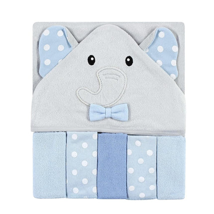 Hudson Baby Unisex Baby Hooded Towel and Five Washcloths, White Dots Gray Elephant, One Size