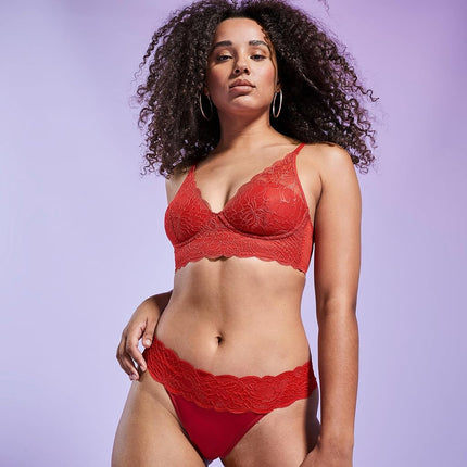 Maidenform Women's Pure Comfort Wireless Lace Longline Bralette, Lightly Lined Convertible Bra, Eclipse Red, 34C