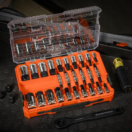 Klein Tools 65233HEX Hex Bit Socket Set, 1/4, 3/8, 1/2-Inch Drives, Knurled, SAE (5/64 to 3/4 inch) and Metric (2 to 19mm) with MODbox Case, 32-Piece