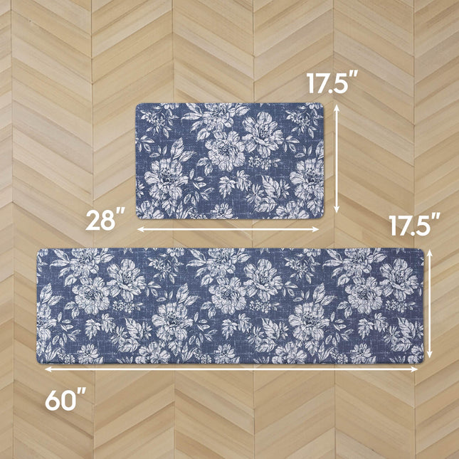 Laura Ashley - Anti-Fatigue Kitchen Mat, Iris Floral Design, Stain, Water & Fade Resistant, Cooking & Standing Relief, Non-Slip Backing, 2 Piece Set: 17.5" x 60" / 17.5" x 28" Navy Iris