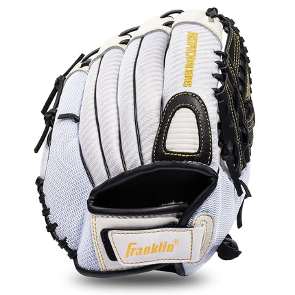 Guante de sóftbol Franklin Sports Fastpitch - Fastpitch Pro - Guante de sóftbol para adultos y jóvenes - Para cuadro interior y exterior - Guante para mano derecha - Blanco/Dorado - 13" para diestros
